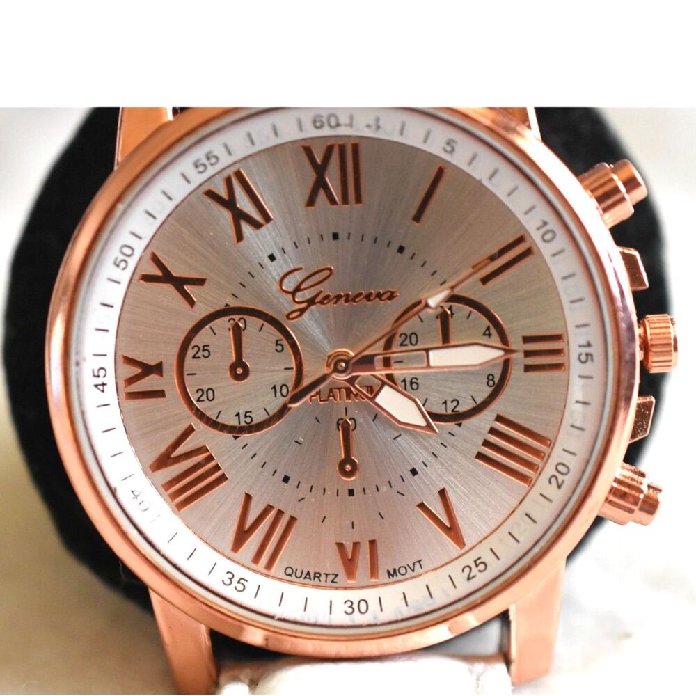 Geneva Platinum Rose Gold White Faux Leather Band New Battery Watch